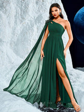 Long Chiffon Dress With One-Shoulder, Sequin Sleeve, Floral Embroidery, Waist Tucks, High Slit, And Elegant Design To Elongate Legs, Wedding Event Dress
